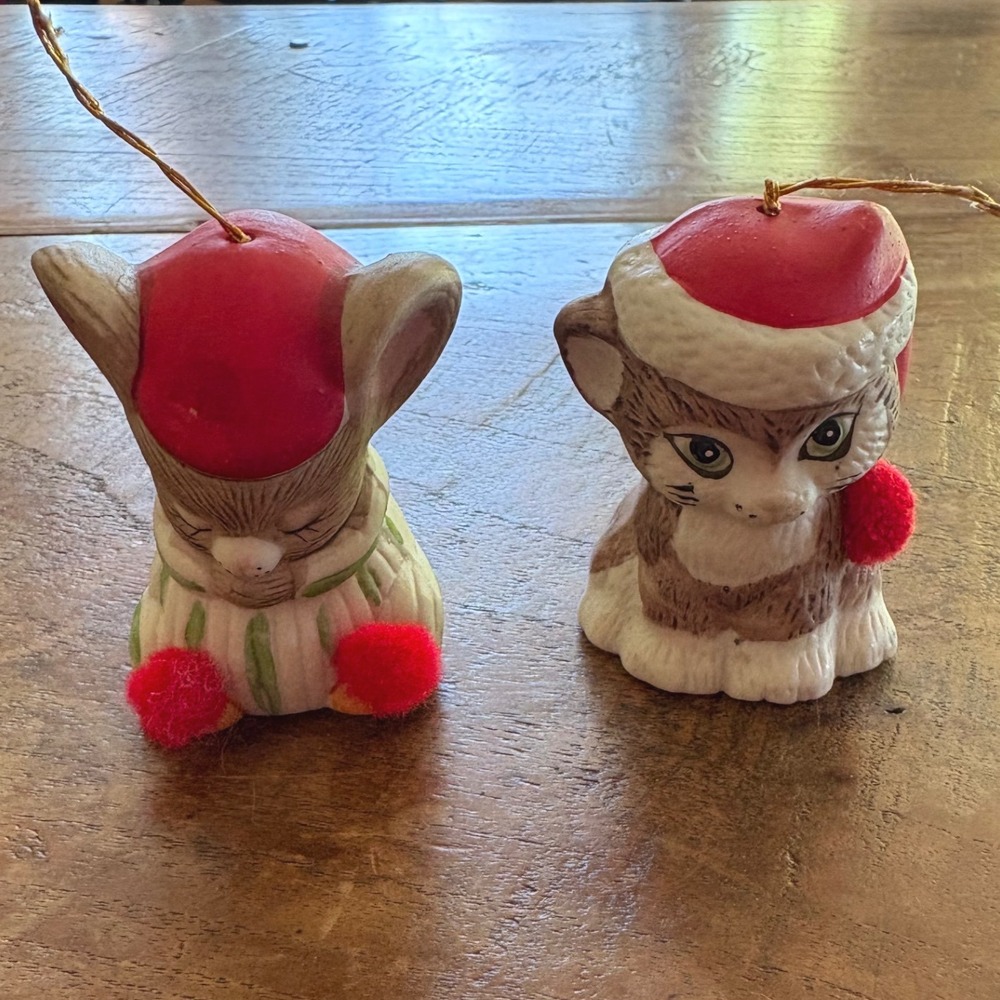 Jasco L'il Chimer‎ Porcelain Christmas Bell Ornaments Mouse Cat Set of 2 Vintage